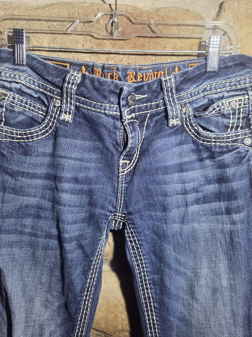 Rock Revival Liz Easy Boot Jeans Womens 28 Blue Thick Stitch Rhinestone Buckle